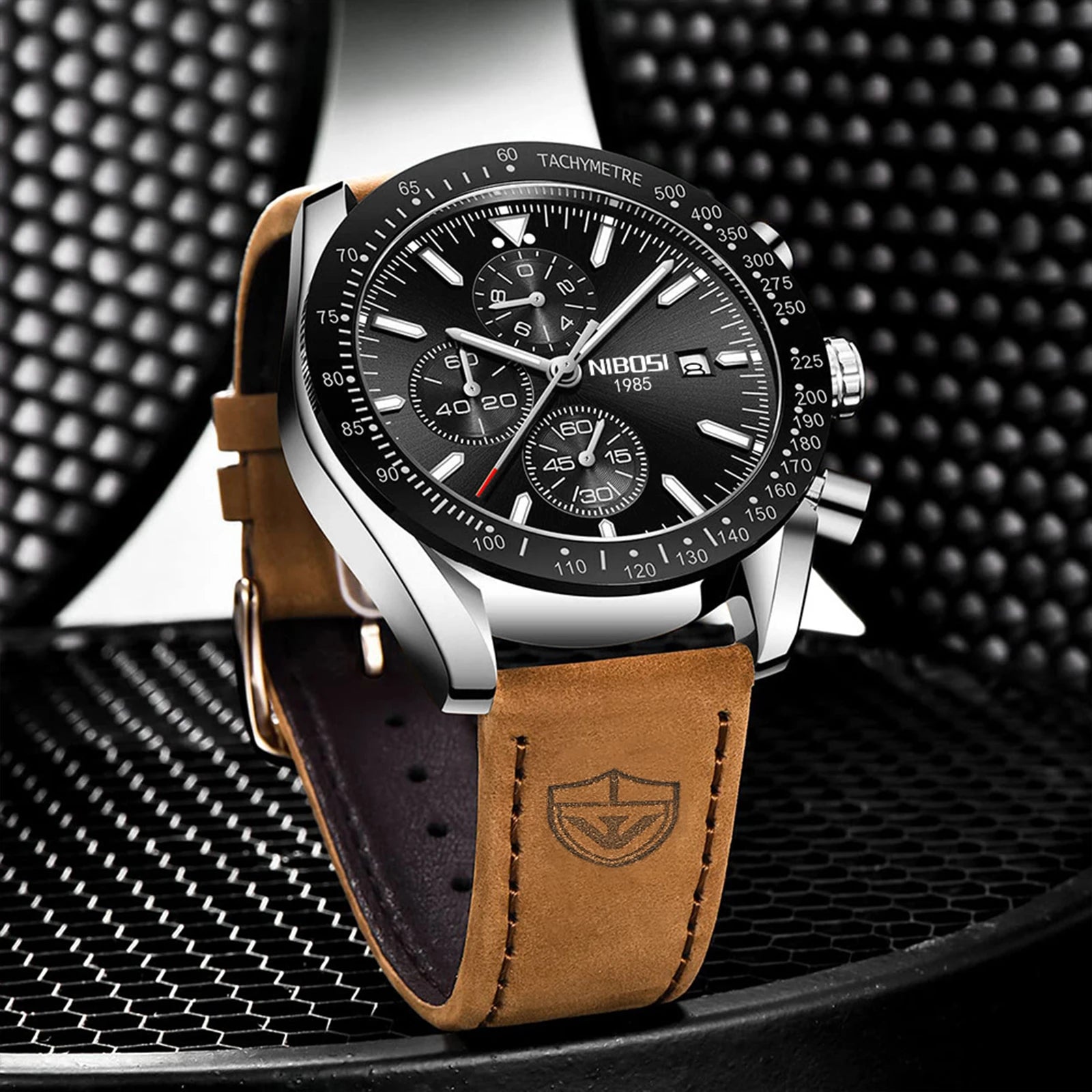 NIBOSI 2615 Business Style Men Watch Luminous Real Leather Band Wristwatch Silicone Strap Chronograph Quartz Watches
