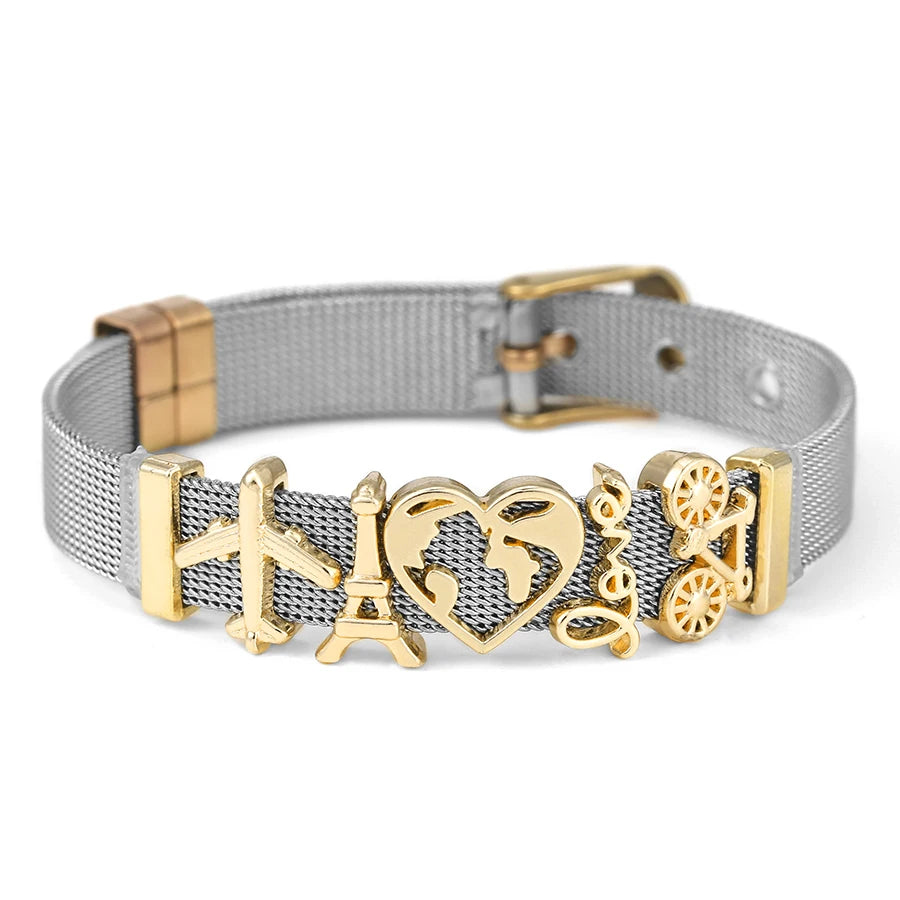 DINGLLY Two-tone Stainless Steel Mesh Bracelets For Women Men Love Heart Beaded 10mm Ribbon Mesh Bracelet & Bangle Gifts