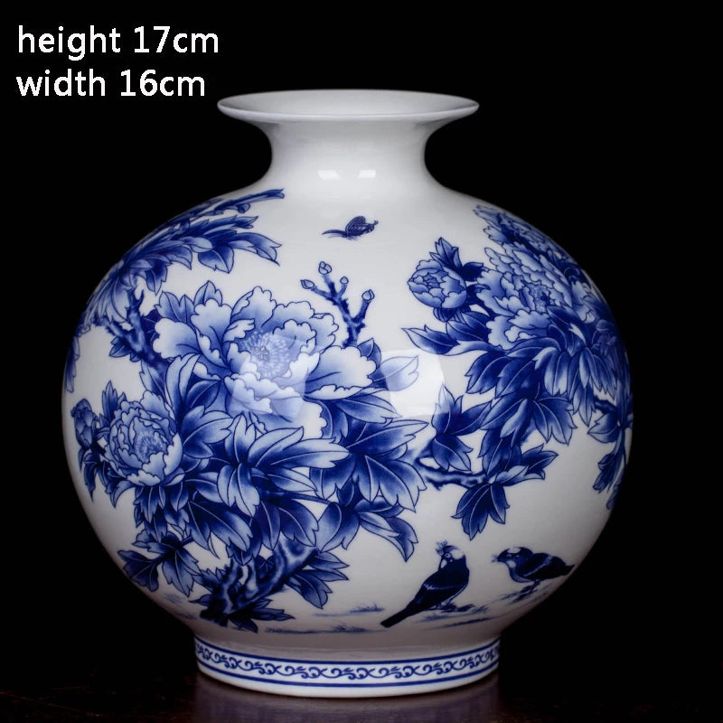 Jingdezhen Ceramic New Chinese Peony Flower Vase Blue And White Porcelain Ornaments Lliving Room Fine Bone China Vase Decoration