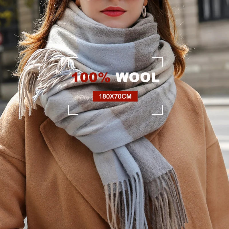 Lambswool Scarf Checkered Camel Plaid — Camel | KIMLUD
