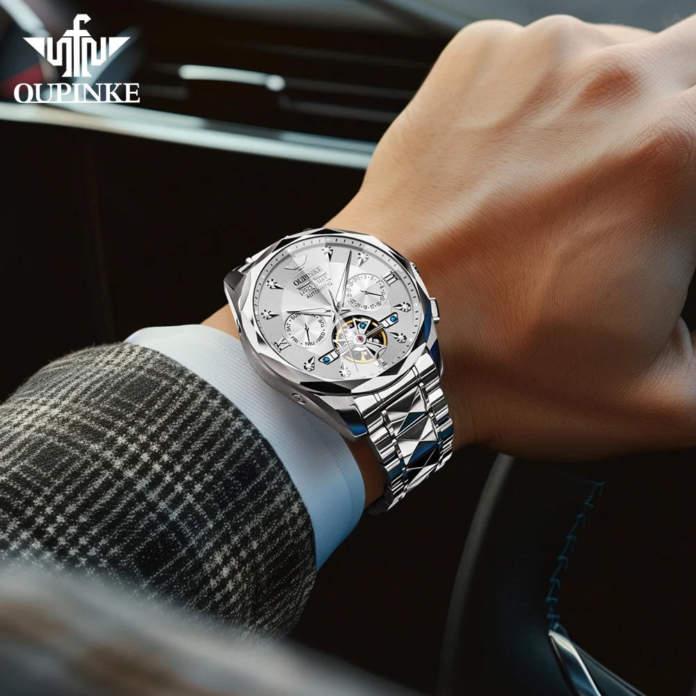 Oupinke 3316 Oem logo Hollow Design Business Tourbillon Waterproof Stainless Steel Luminous  Automatic Mechanical Watch for Man
