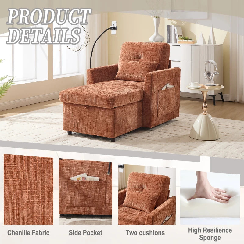 Chenille Sofa Recliner With Storage — Terracotta Orange | KIMLUD