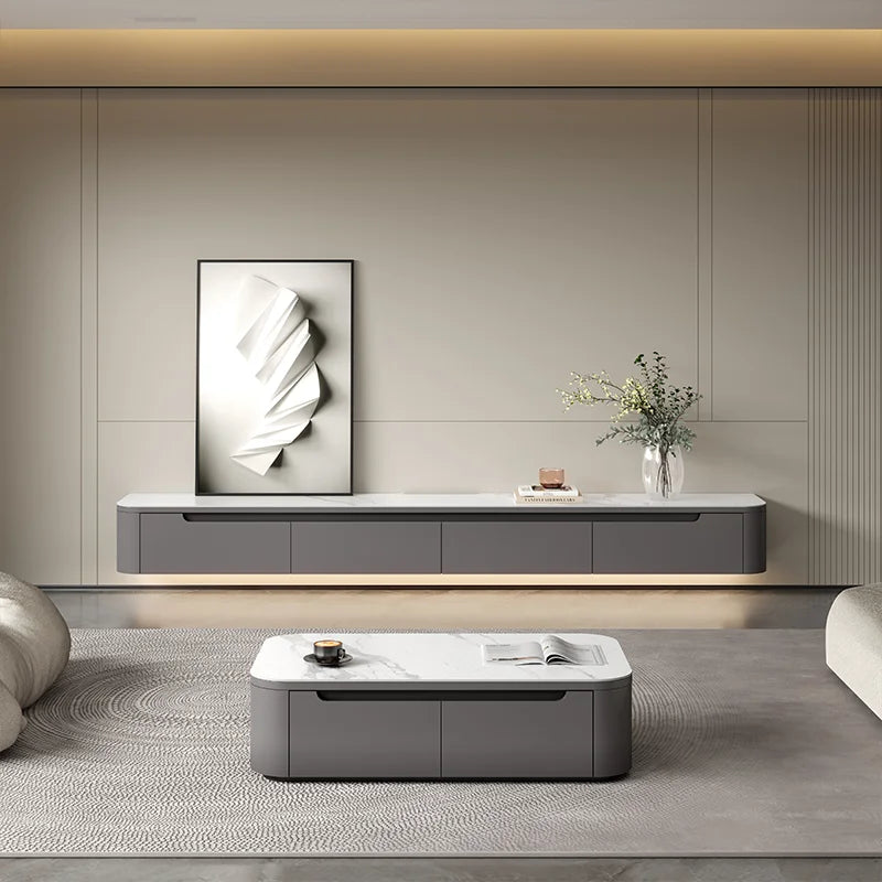 Marble-Wood TV Cabinet Console With Coffee Table — White Marble | KIMLUD