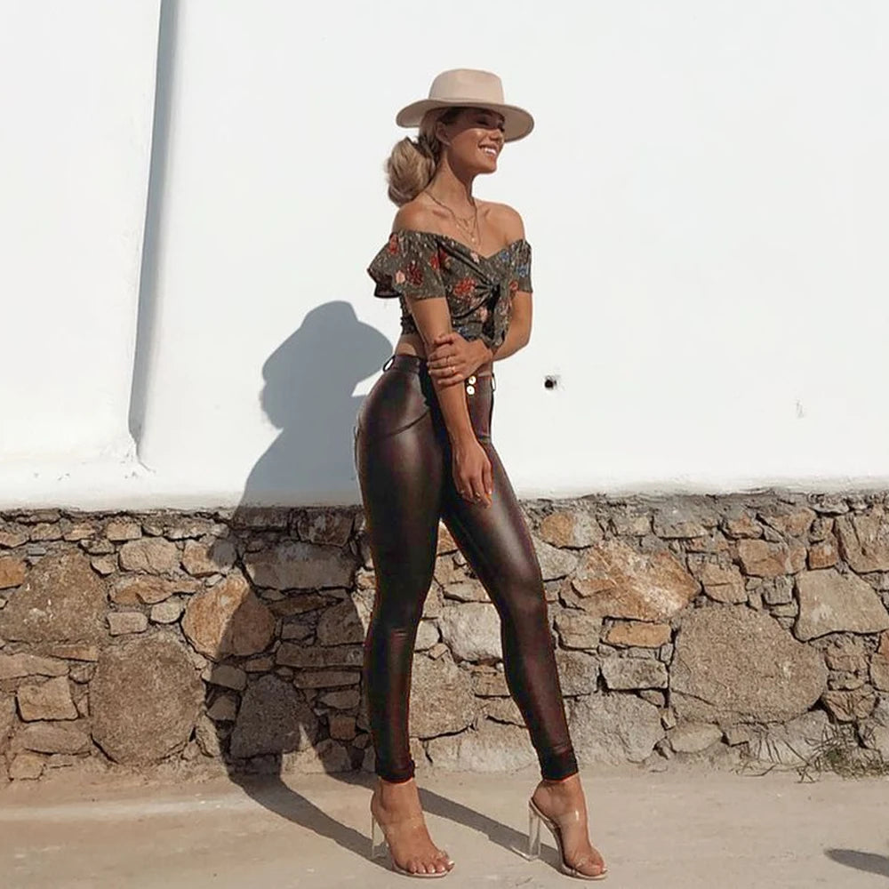 Shascullfits Melody Leather Leggings Push Up Sports Tights Women's Pants Made of Eco-Leather NON-ANIMAL Brown Pants