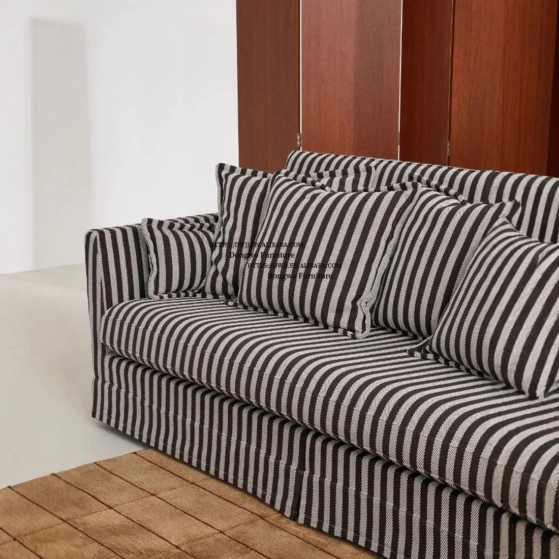 North European and American Style Rural Linen Striped Fabric Three Seater Sofa, Fully Disassembled and Washed Furniture