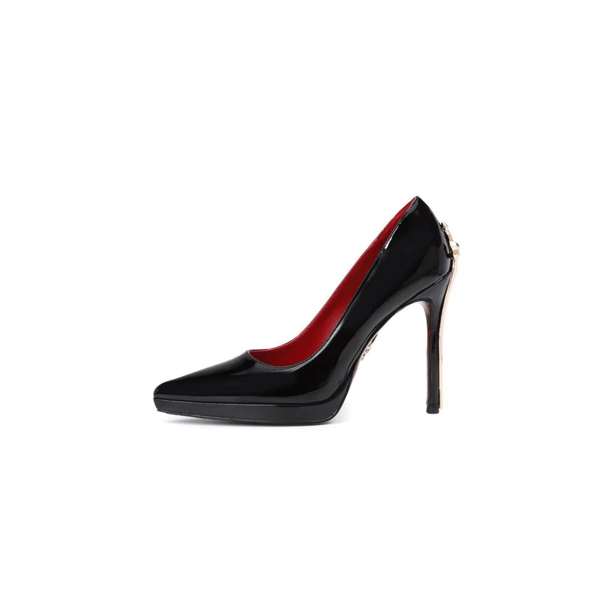 2026 New Waterproof Patent Leather Platform Gold Stiletto 9cm Thin Solid Super High Pointed Toe Red Sole Elegant Black Women's