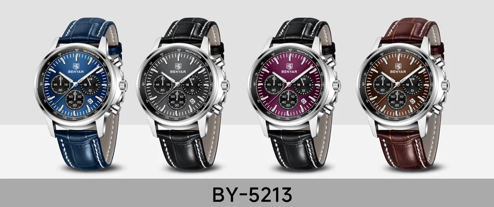 BENYAR 5213 New Men's Watches Top Brand Luxury Quartz Watch for Man Chronograph Wristwatches Clock Waterproof Leather Luminous