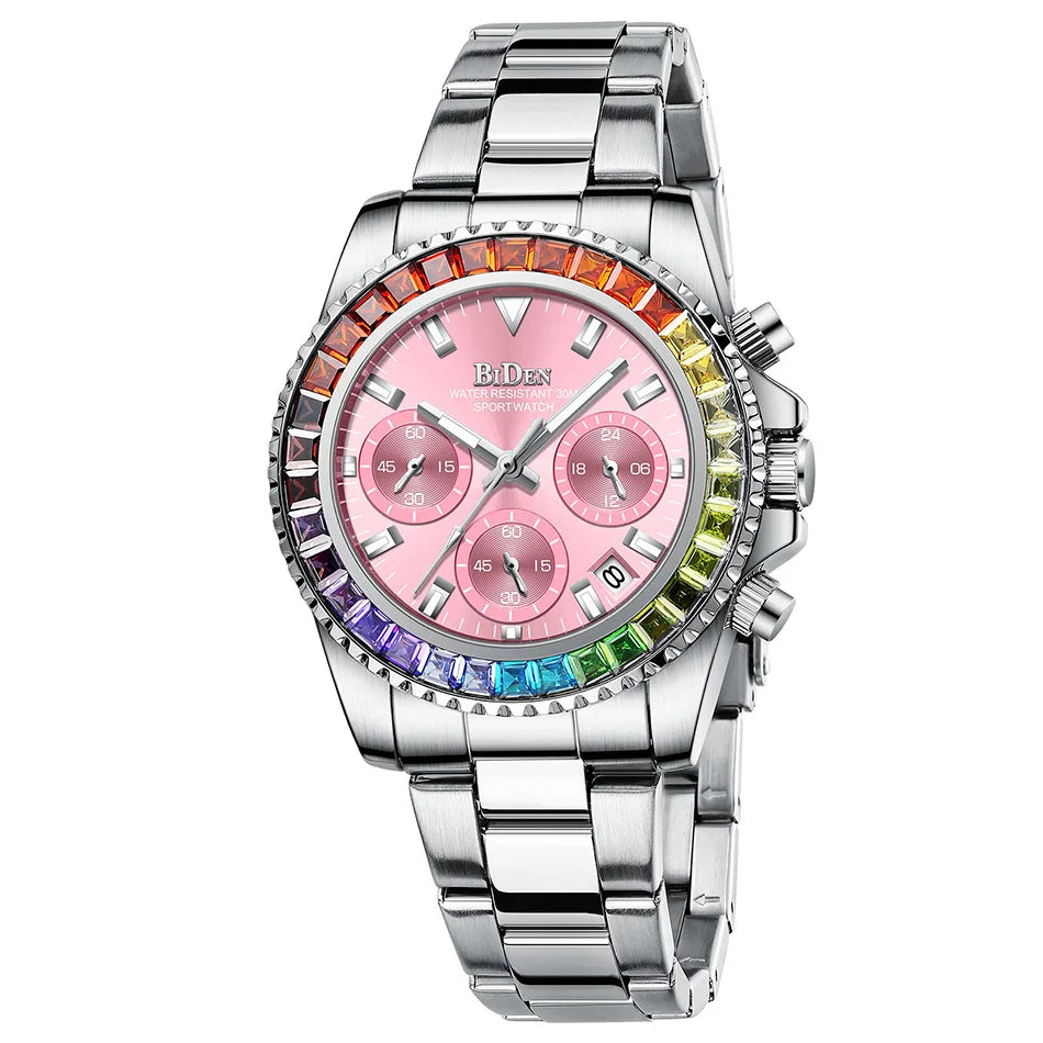 Fashion BIDEN Brand Lady Dress Watch Calendar Colorful Rhinestone Dial Casual Business Women Wristwatch Silver Stainless Steel