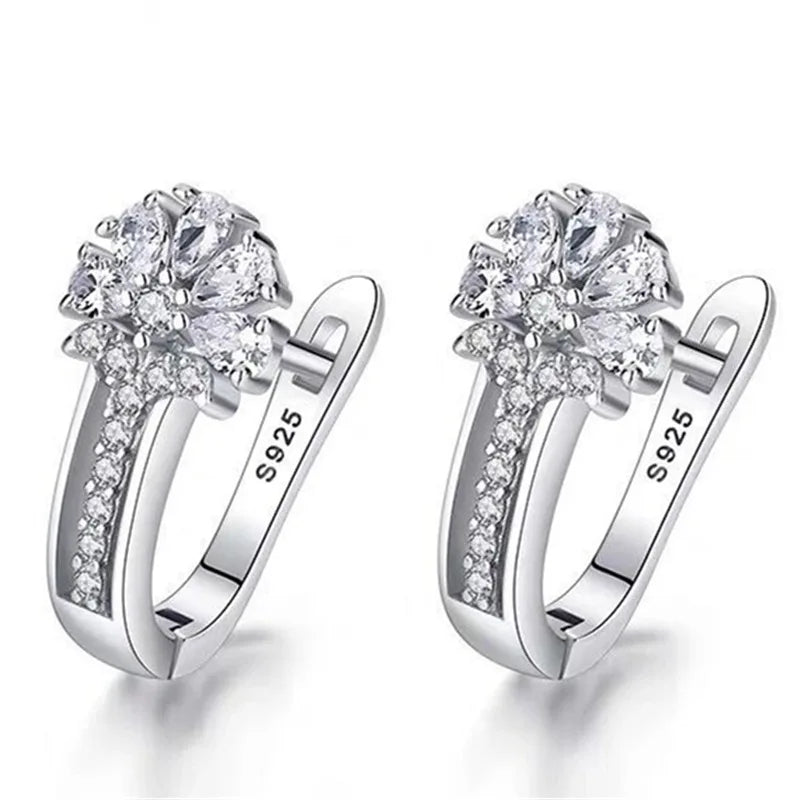KIMLUD, Fine Jewelry 925 Sterling Silver Earrings Inlaid With Zircon Crystal Flower Earrings Charm Jewelry For Women Gift Engagement Wed, KIMLUD Womens Clothes