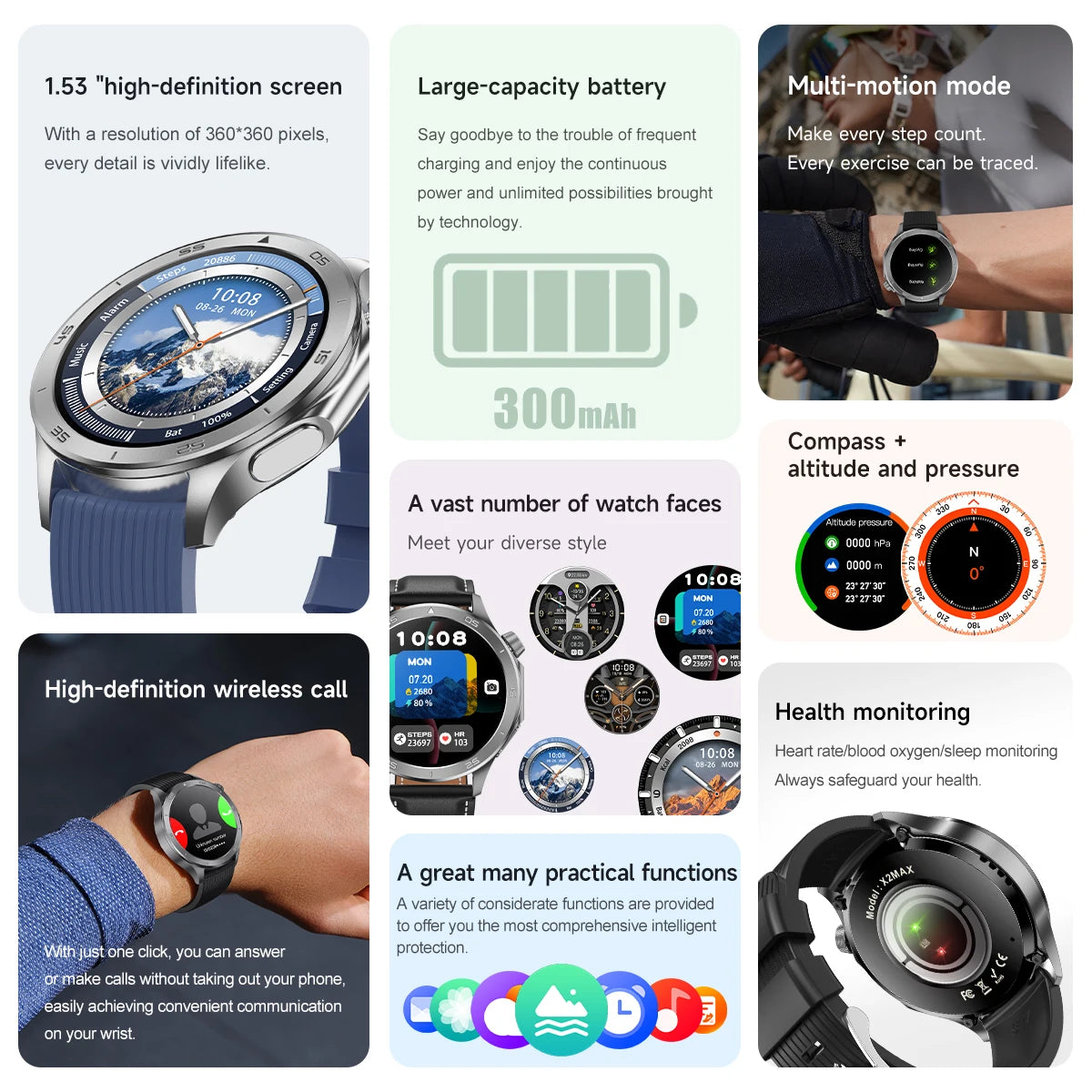 2025 New X2 MAX Compass Outdoor Smartwatch 300mah Large Battery Bt Call Sports Health Monitoring Fitness tracker Smart Watch