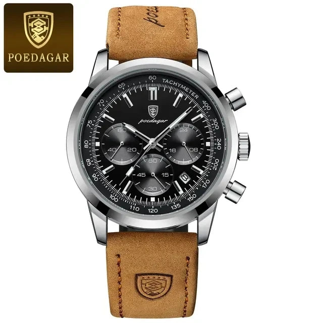 POEDAGAR Men's Watch High Quality Waterproof Chronograph Luminous Men's Wristwatch Leather Quartz Watches Casual Clock 921
