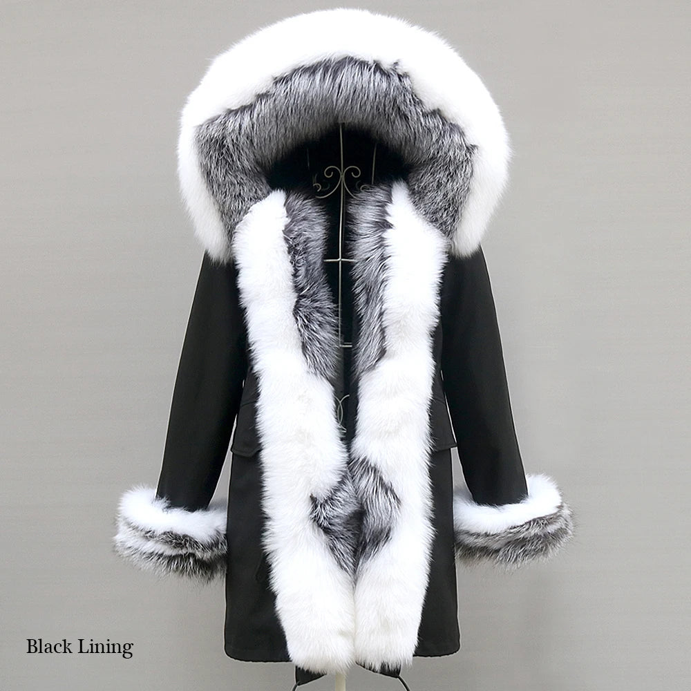 2024 Winter Jacket Women Natural Raccoon Fur Collar  Real Fur Coat Color matching Hood Cuffs Thick Warm Outerwear New Long Parka