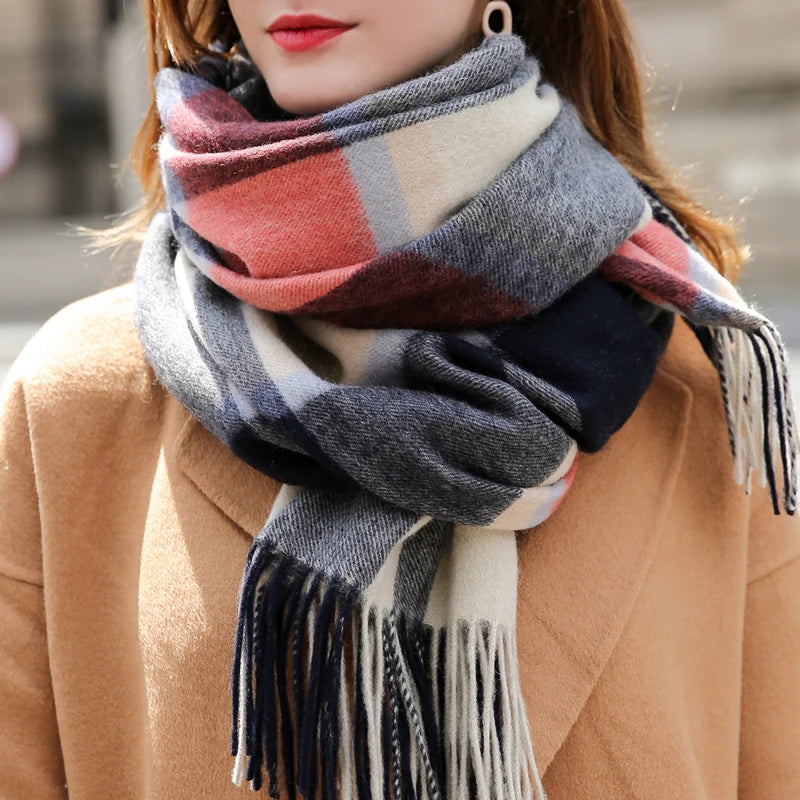 Lambswool Scarf Checkered Camel Plaid — Camel | KIMLUD