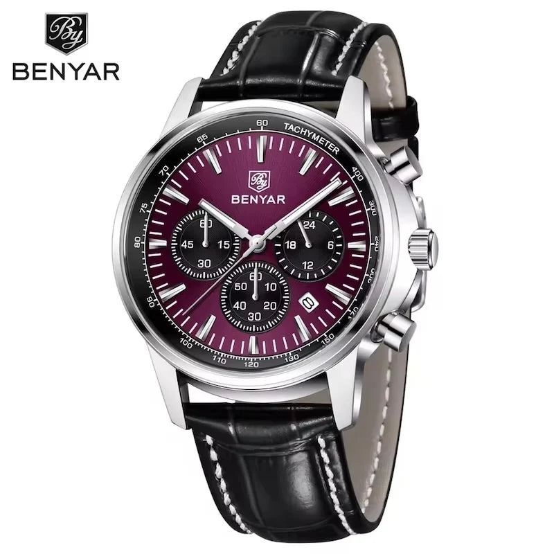 BENYAR 5213 New Men's Watches Top Brand Luxury Quartz Watch for Man Chronograph Wristwatches Clock Waterproof Leather Luminous