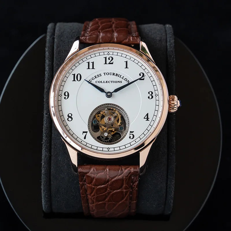 Rose-Gold Skeleton Tourbillon Mechanical Wristwatch — Brown | KIMLUD