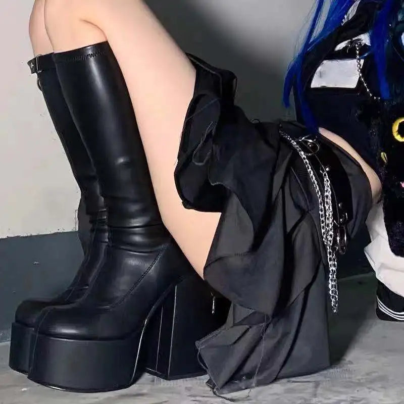 Platform Heel Boots – Knee High Boots – Black | KIMLUD