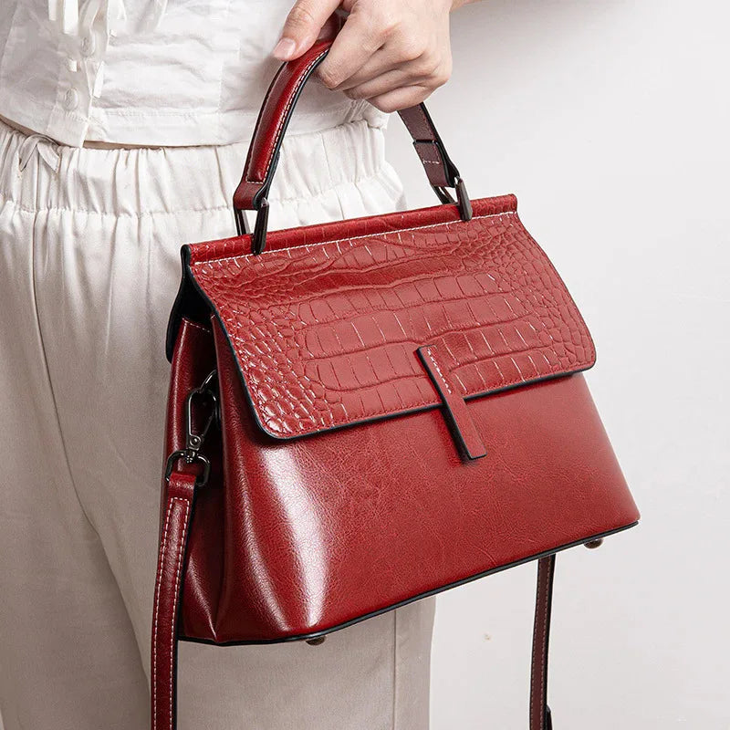 Genuine Leather Handbag Crocodile Print Double Shoulder Straps — Cognac | KIMLUD