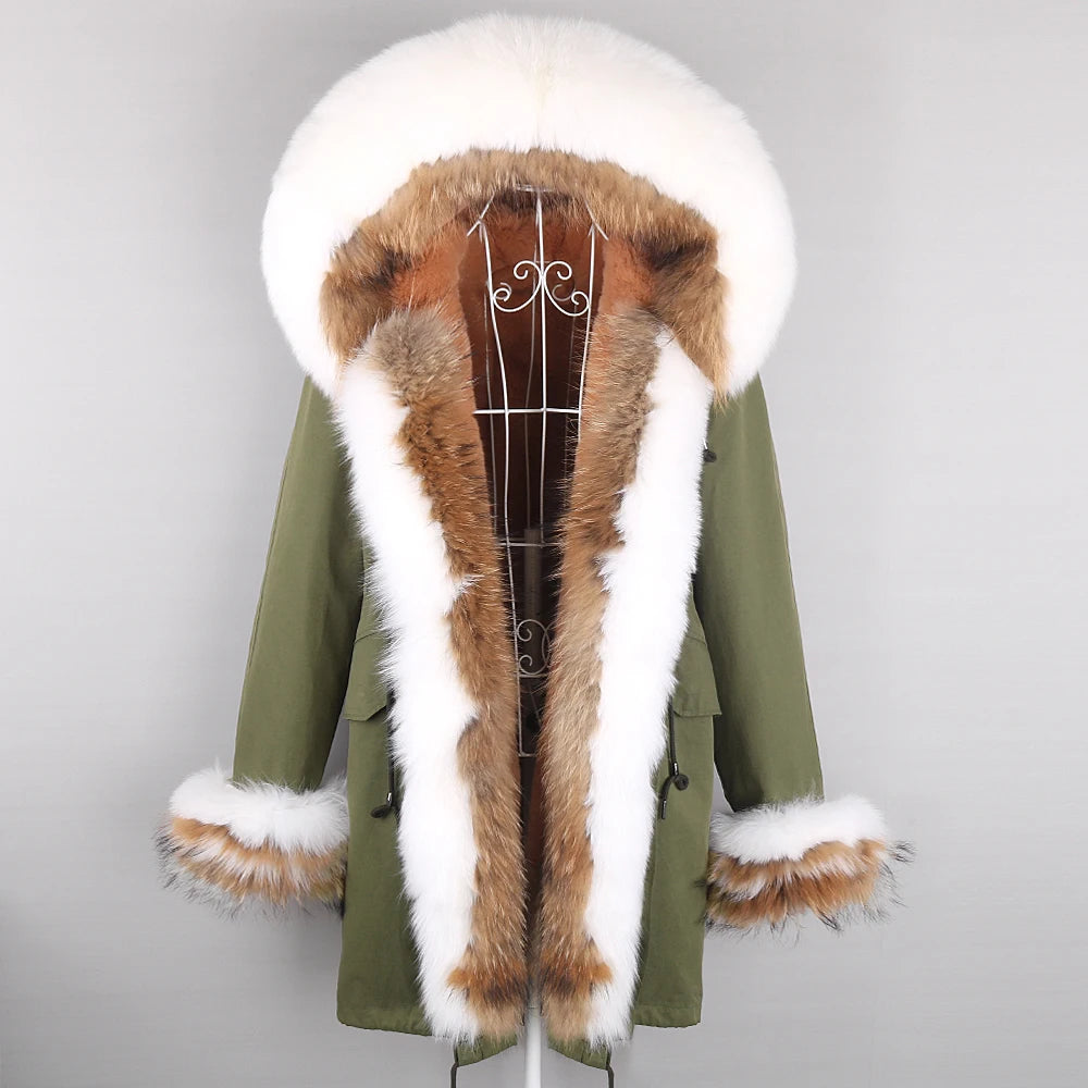 2024 Winter Jacket Women Natural Raccoon Fur Collar  Real Fur Coat Color matching Hood Cuffs Thick Warm Outerwear New Long Parka