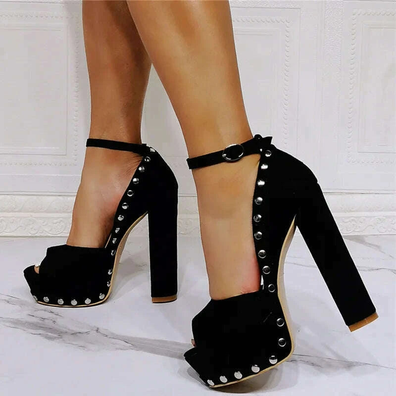 KIMLUD, Black Women&#39;s Sandals Chunky Heel Shoes Sexy Rivet Decoration Platform Round Peep Toe Pumps Dress Heels Big Size 47, KIMLUD Womens Clothes