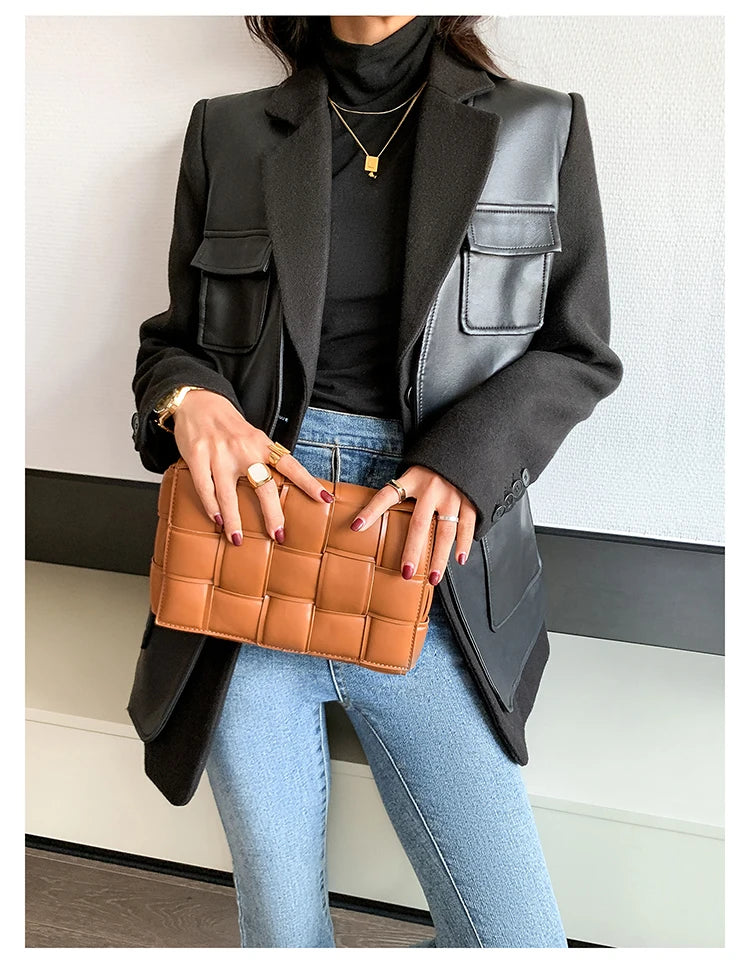 Patchwork Leather Jacket – Pockets – Faux Leather PU – Black | KIMLUD