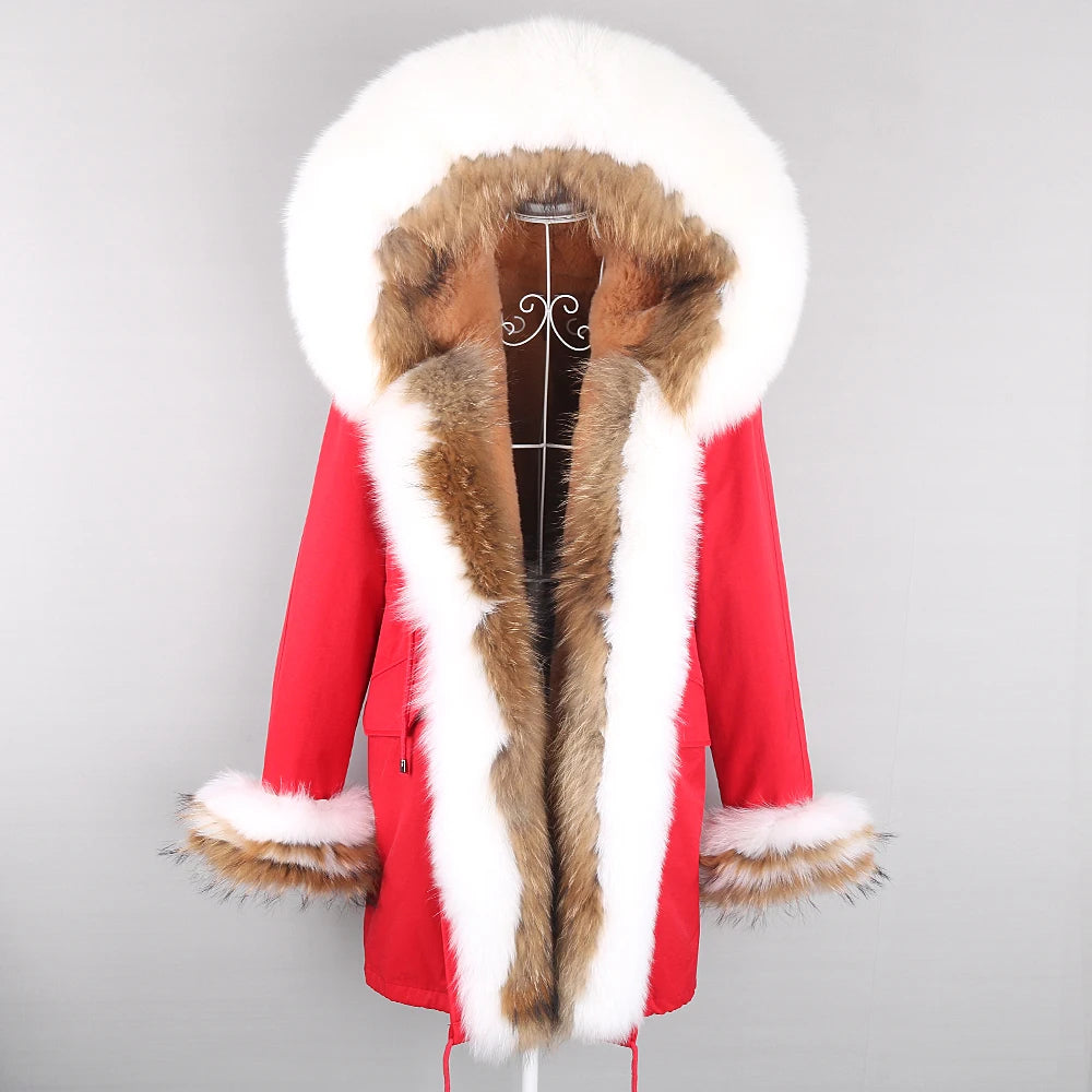 2024 Winter Jacket Women Natural Raccoon Fur Collar  Real Fur Coat Color matching Hood Cuffs Thick Warm Outerwear New Long Parka