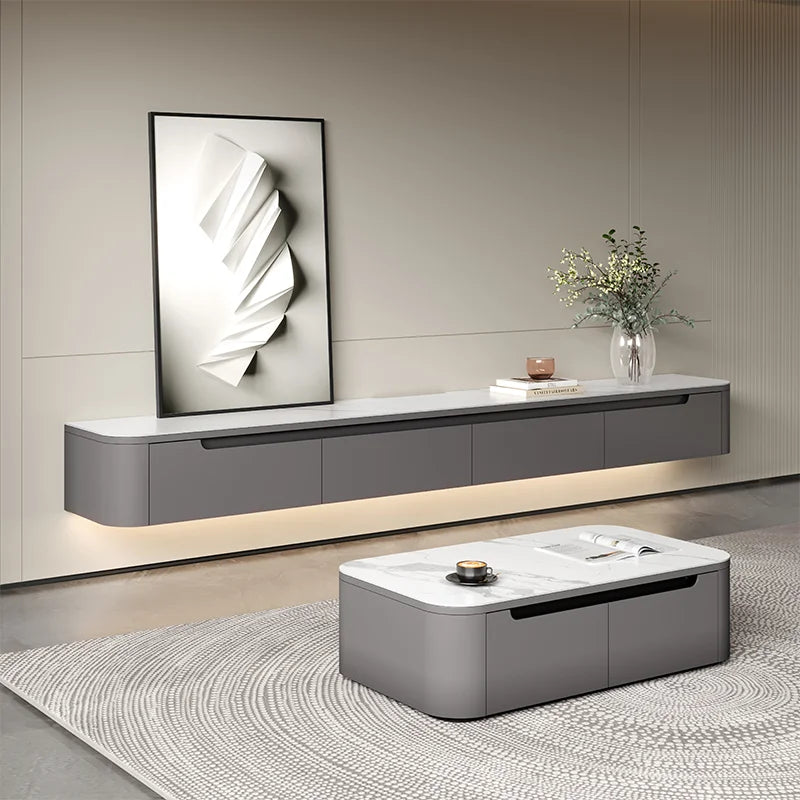 Marble-Wood TV Cabinet Console With Coffee Table — White Marble | KIMLUD