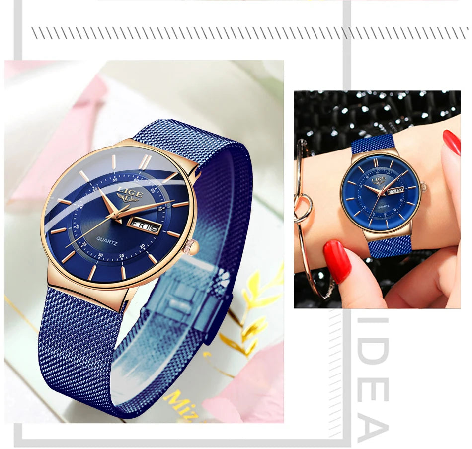 LIGE Women Watches Luxury Brand Ultra-thin Calendar Week Quartz Watch Ladies Clocks Mesh Stainless Steel Waterproof Reloj Mujer