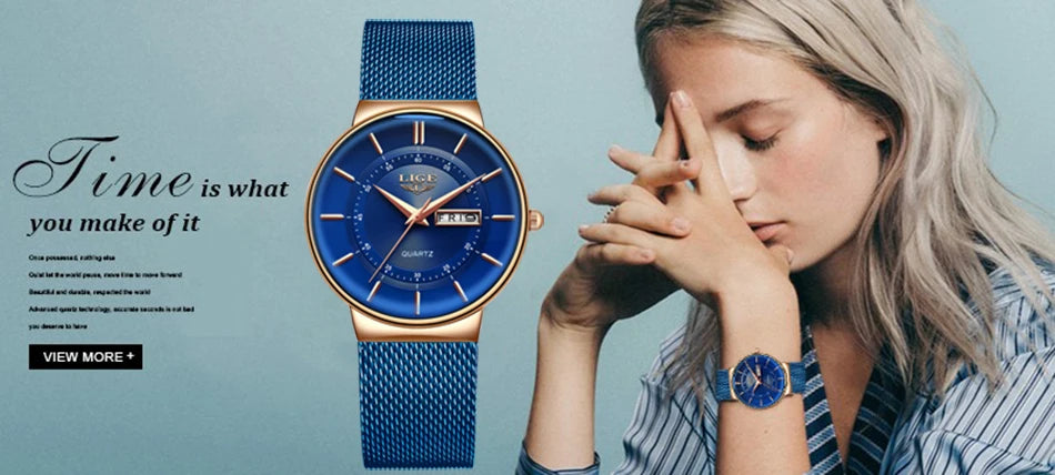 LIGE Women Watches Luxury Brand Ultra-thin Calendar Week Quartz Watch Ladies Clocks Mesh Stainless Steel Waterproof Reloj Mujer