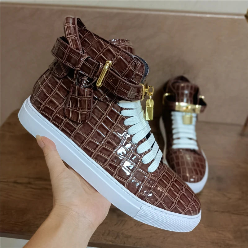 High Top Sneakers – Gold Buckle – Crocodile Pattern Leather | KIMLUD
