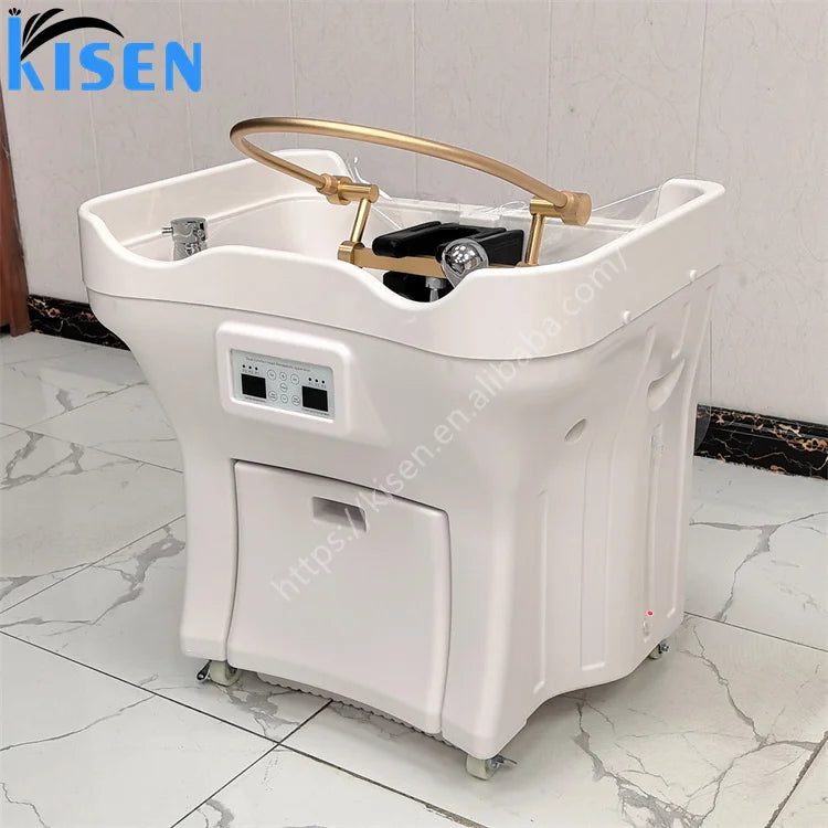 PU Leather Hair Washing Bed Integrated Basin On Wheels — White | KIMLUD