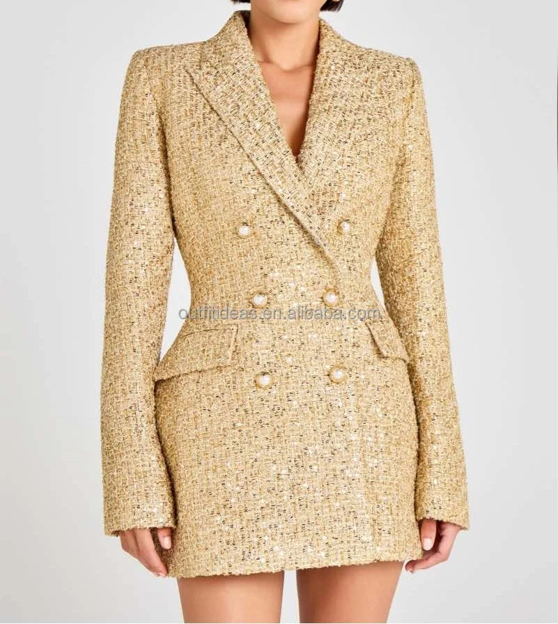 Luxury Elegant Pearl Buttons Double-breasted Hand Wash Women Mini Dress Tweed Jacket Sparkling Gold Boucle Tweed Jacket in Gold