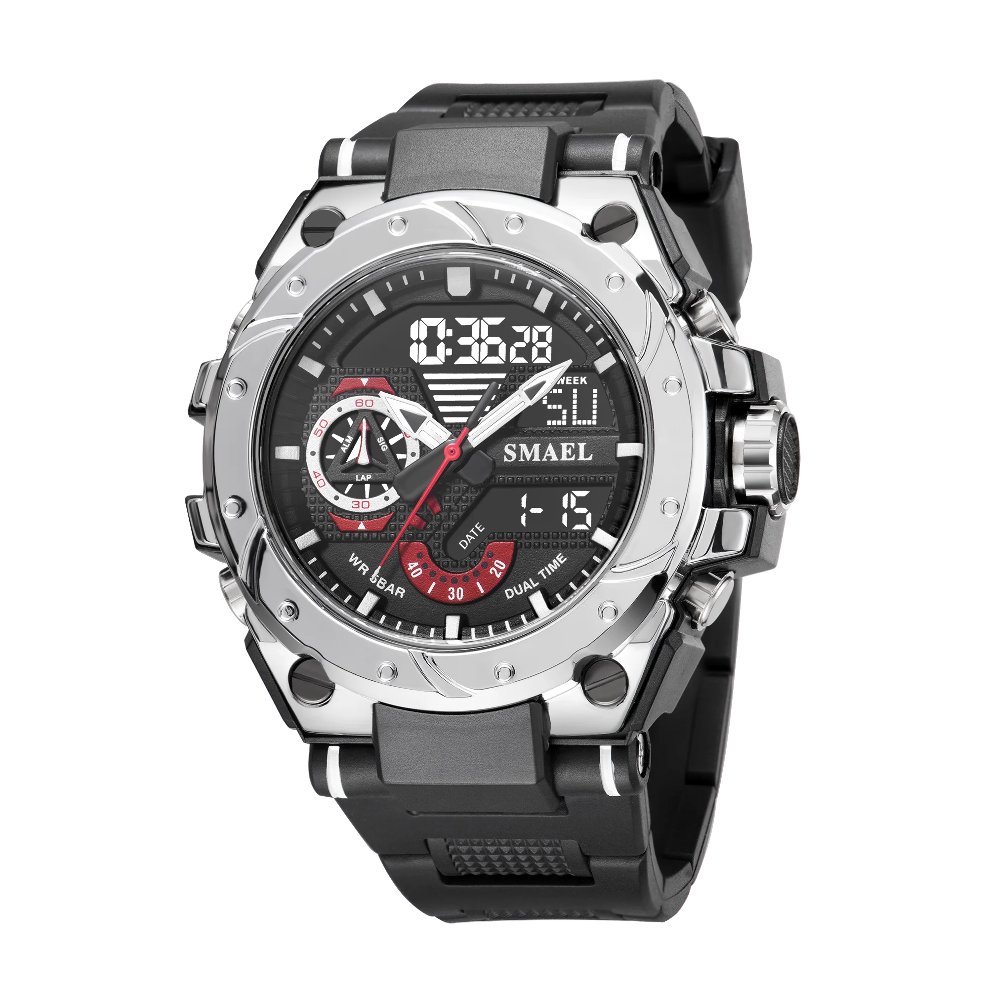 KIMLUD, Quartz Watch For Men SMAEL Wristwatches Watcholorful Red Bracelet 50M Waterproof Alarm Clock Analog Digitals 8060 Sport Watches, SILVER / China, KIMLUD Women's Clothes