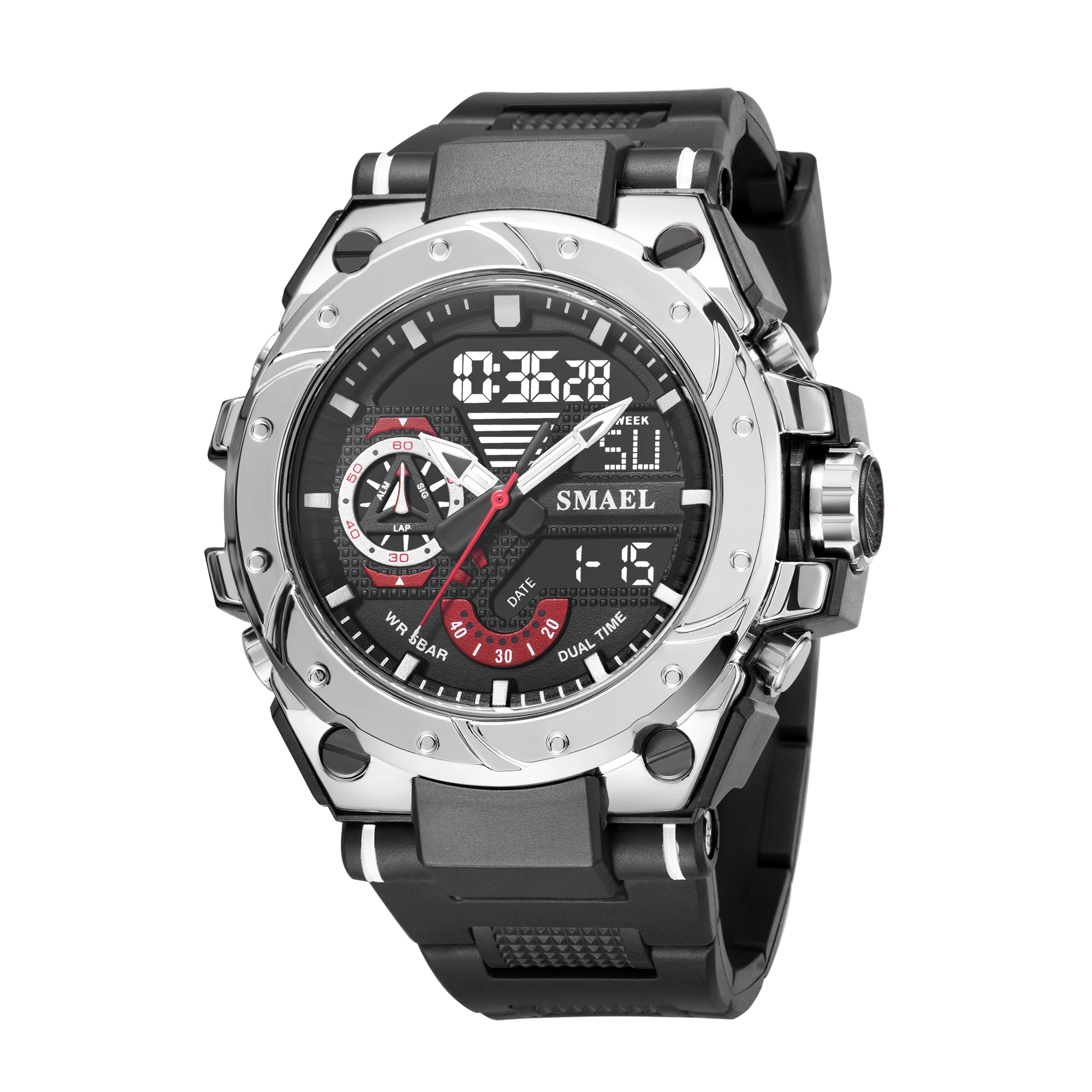 KIMLUD, Quartz Watch For Men SMAEL Wristwatches Watcholorful Red Bracelet 50M Waterproof Alarm Clock Analog Digitals 8060 Sport Watches, SILVER / China, KIMLUD APPAREL - Womens Clothes