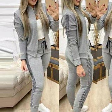 Polyester Stretch Suit Set Plaid Zip Up Tailored Long — Gray | KIMLUD