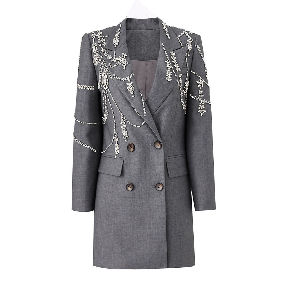 Gray Blazer Handmade Crystal Inlaid Diamond Long Blazer Dress Jacket Double Breasted Button Blazer Suit Outfit Women - KIMLUD