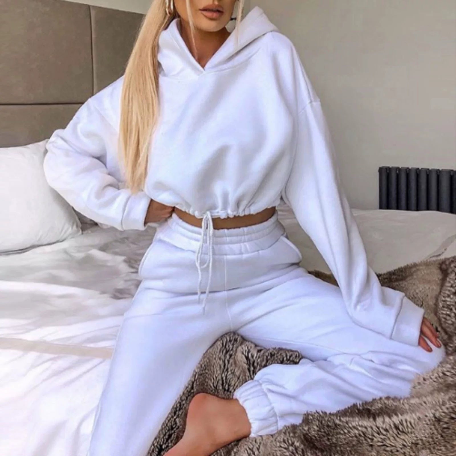 Polyester-Cotton Two-Piece Set Cropped Hooded Top and Joggers — Rose Pink | KIMLUD