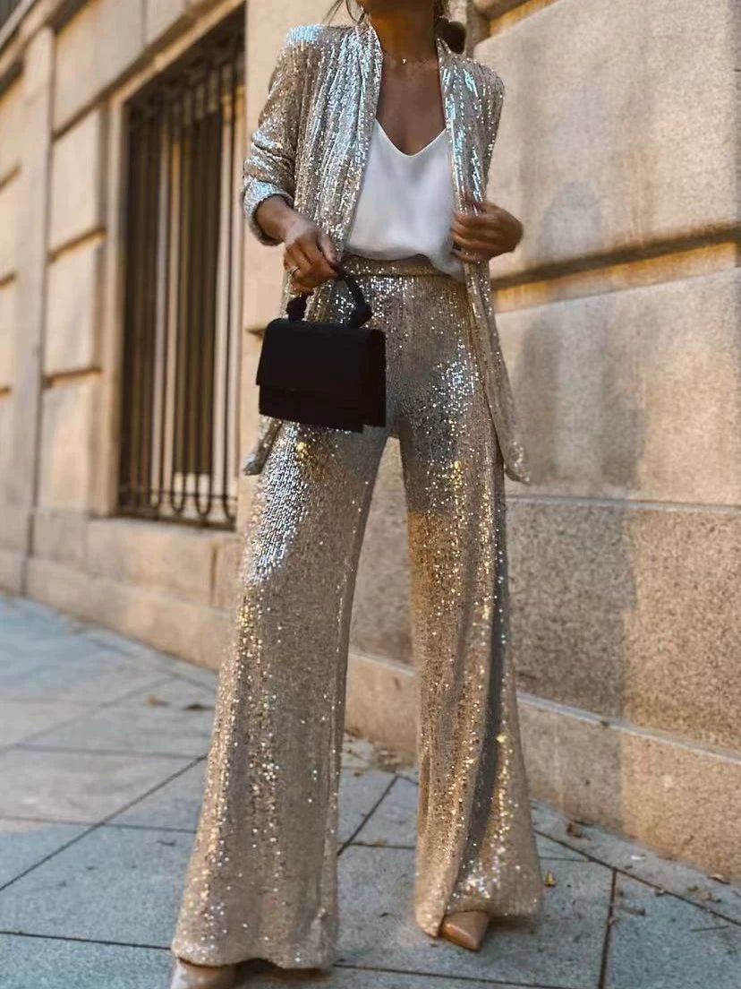 2025 Spring New Cross-Border Three-Color Sequin Full Sequined Small Suit High Waist Fashion Casual Straight Pants Two-piece Set Suit