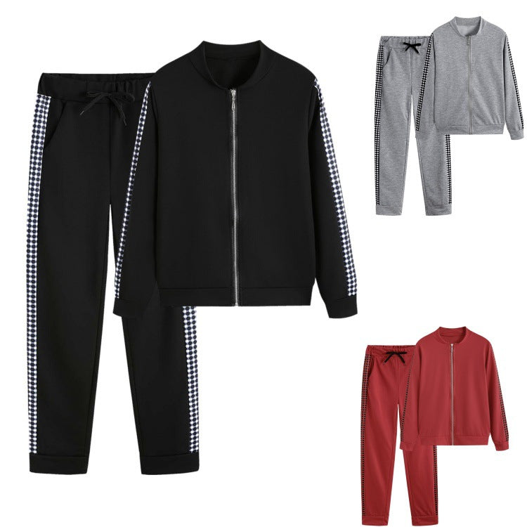 Polyester Stretch Suit Set Plaid Zip Up Tailored Long — Gray | KIMLUD