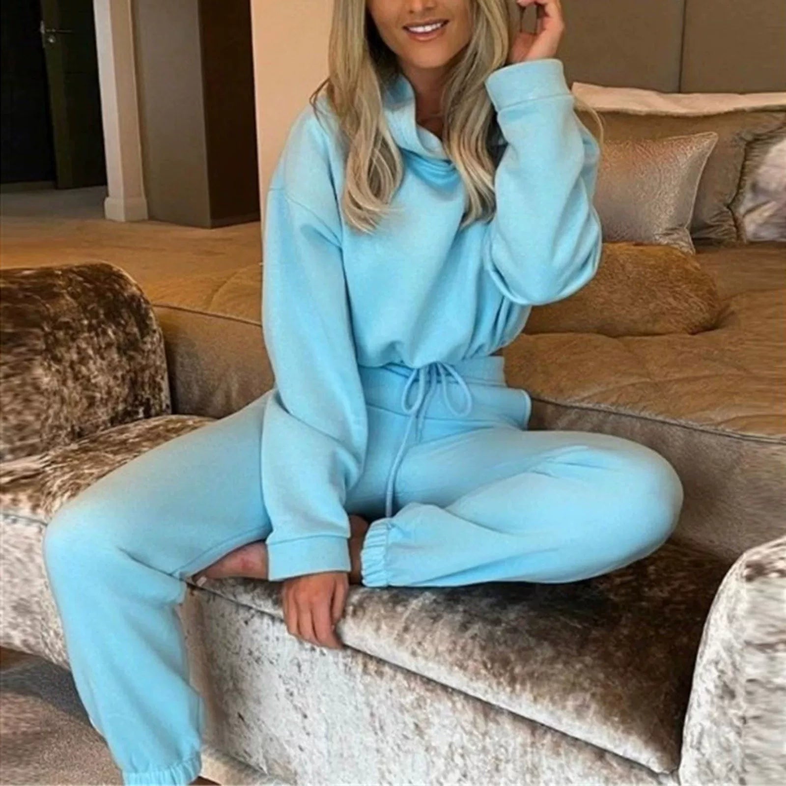 Polyester-Cotton Two-Piece Set Cropped Hooded Top and Joggers — Rose Pink | KIMLUD