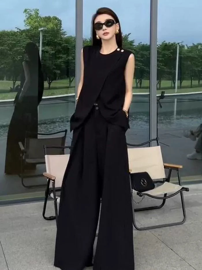 Fancy Sleeveless Adult Lady like Woman Vest Suit Women 2025 Summer Loose Temperament Casual Socialite Loose Pants Two-piece Set