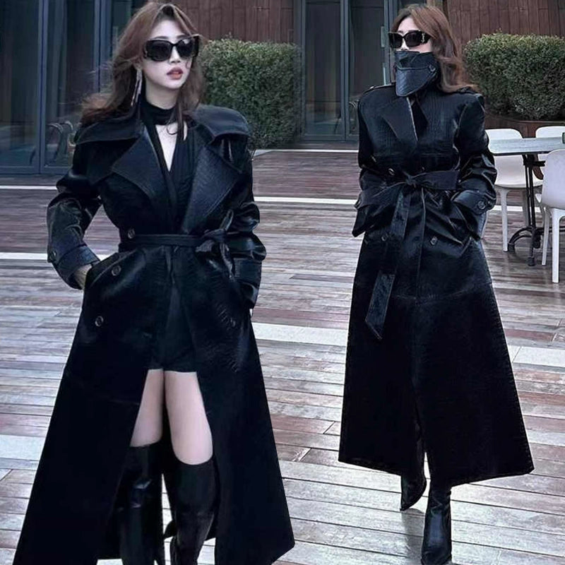 Yujie Cool and Chic Crocodile Pattern Patent Leather PU Leather Coat Outerwear Women Autumn New High-Grade Mid-Length Waist Hugging Trench coat