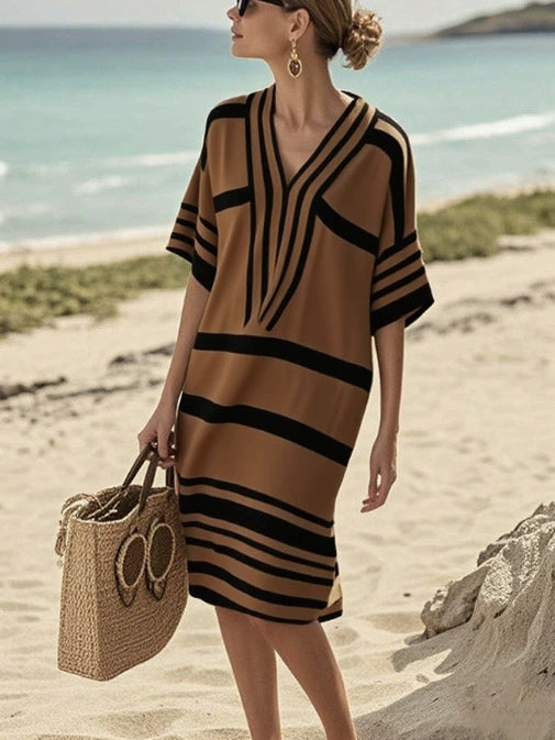 European and American Digital Print Stripe V-neck Dress