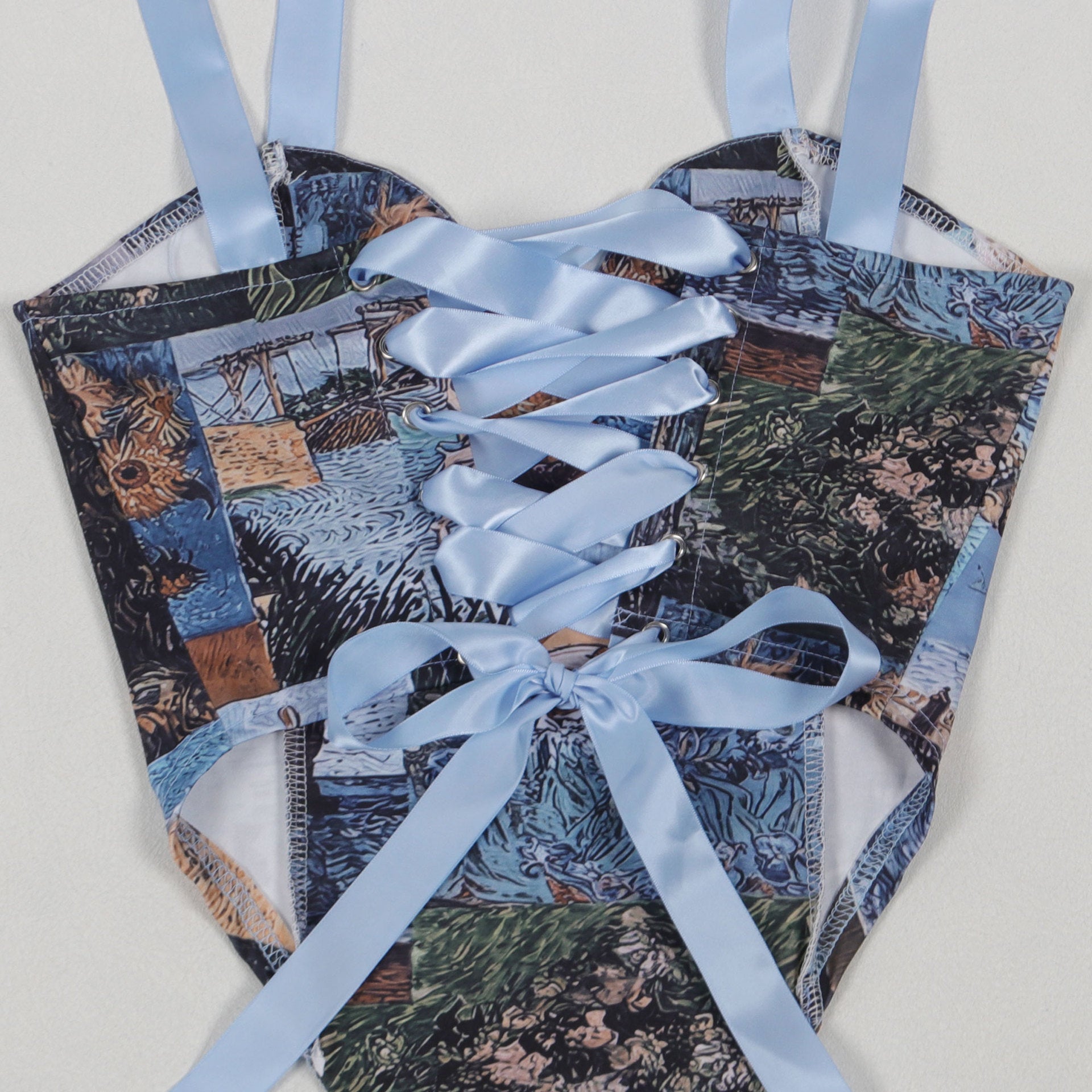 Oil Painting Print Knit Two Piece Set With Lace Up Back Crop Top — Blue | KIMLUD