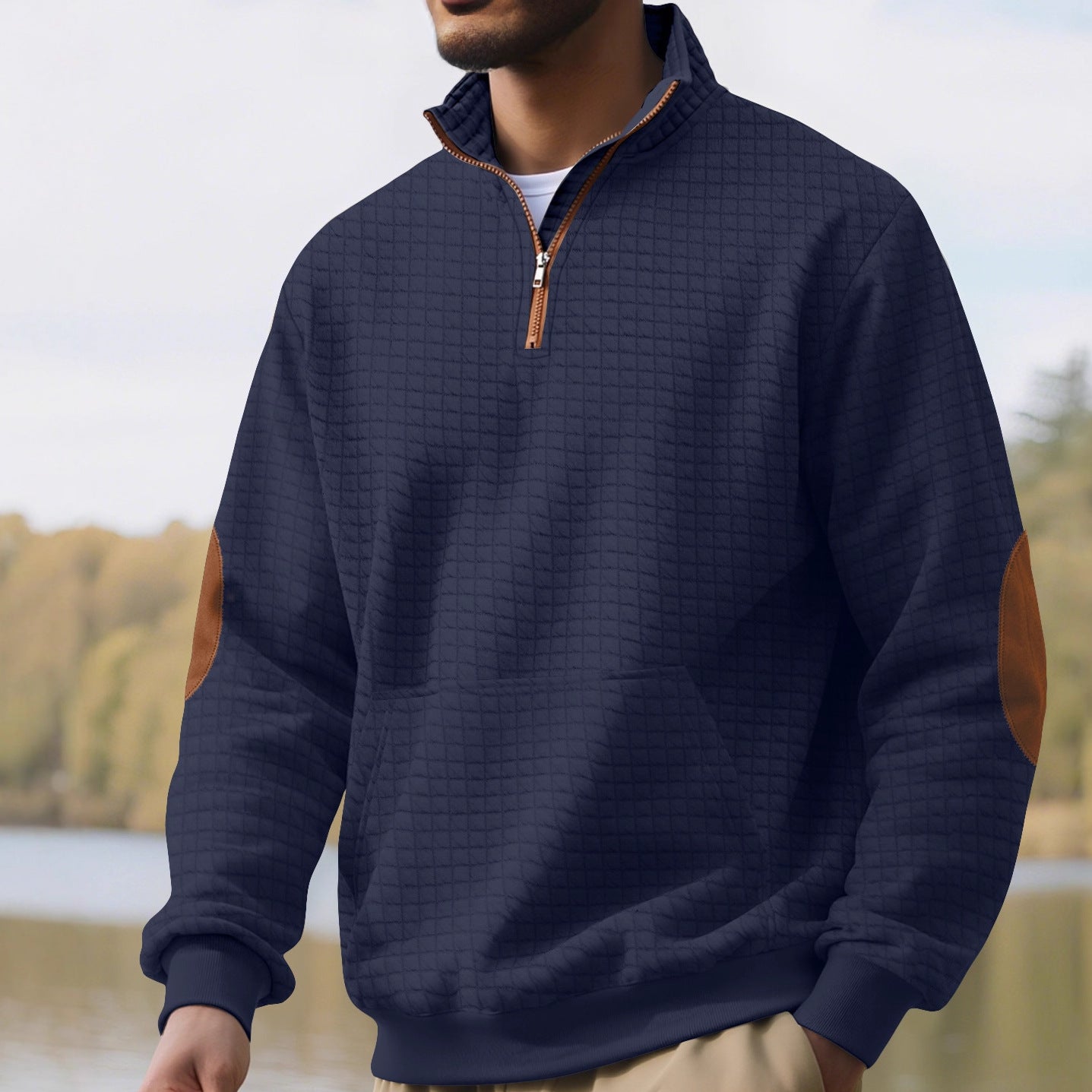 Quilted Zip-Up Sweatshirt For Autumn And Winter — Navy | KIMLUD