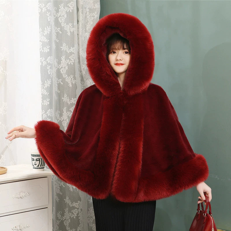 No. 19-Fall and Winter Bride Imitation Fox Fur Shawl Wedding Cloak Dress and Cheongsam Fur Cape Coat White Thick Women