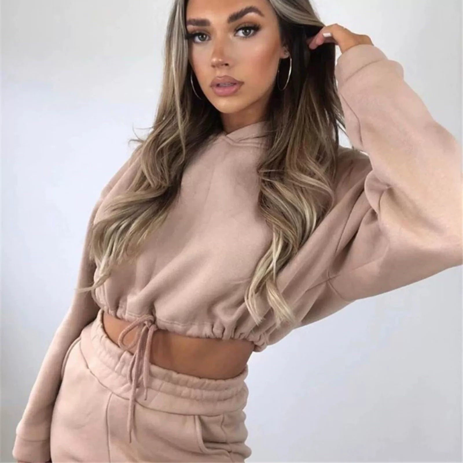 Polyester-Cotton Two-Piece Set Cropped Hooded Top and Joggers — Rose Pink | KIMLUD