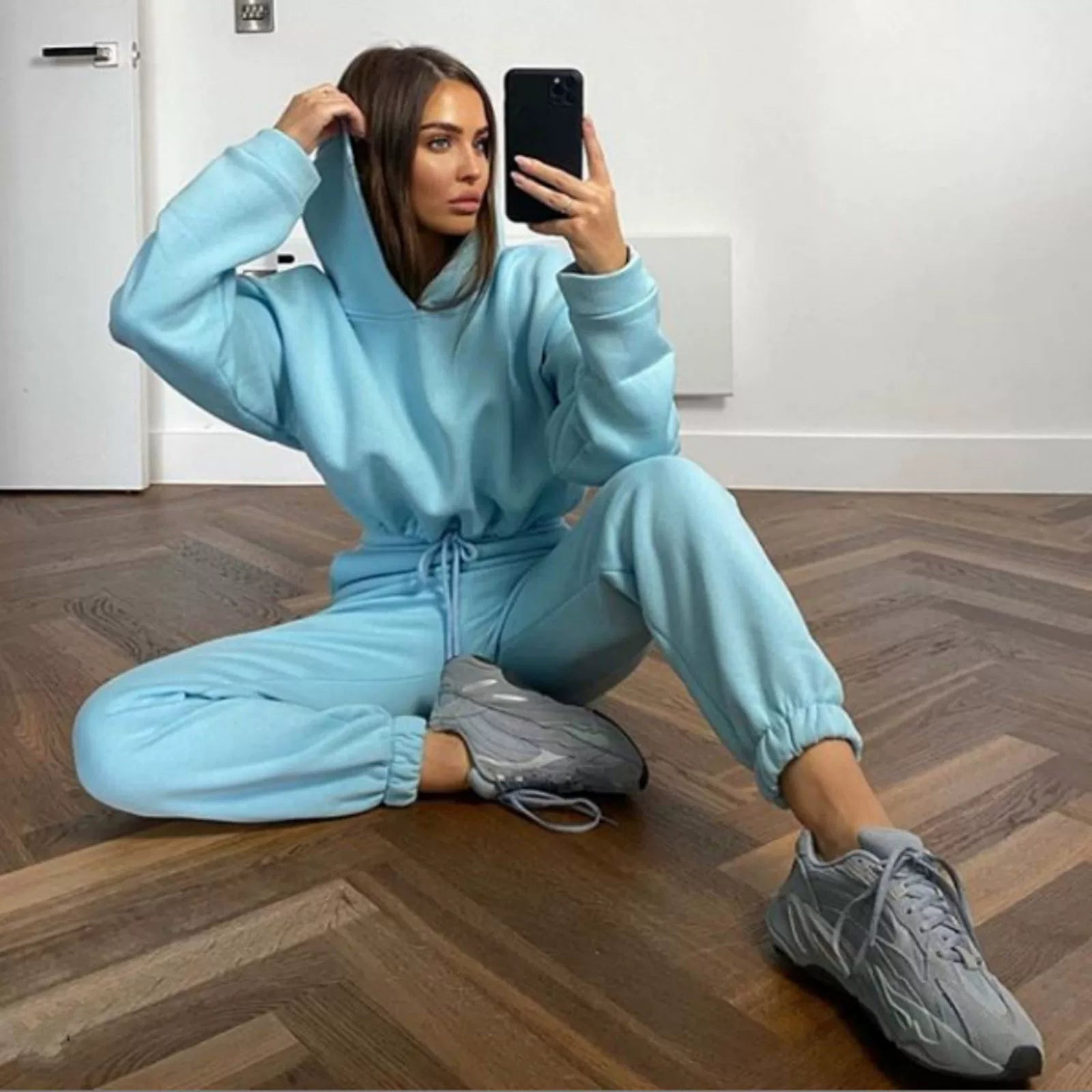 Polyester-Cotton Two-Piece Set Cropped Hooded Top and Joggers — Rose Pink | KIMLUD