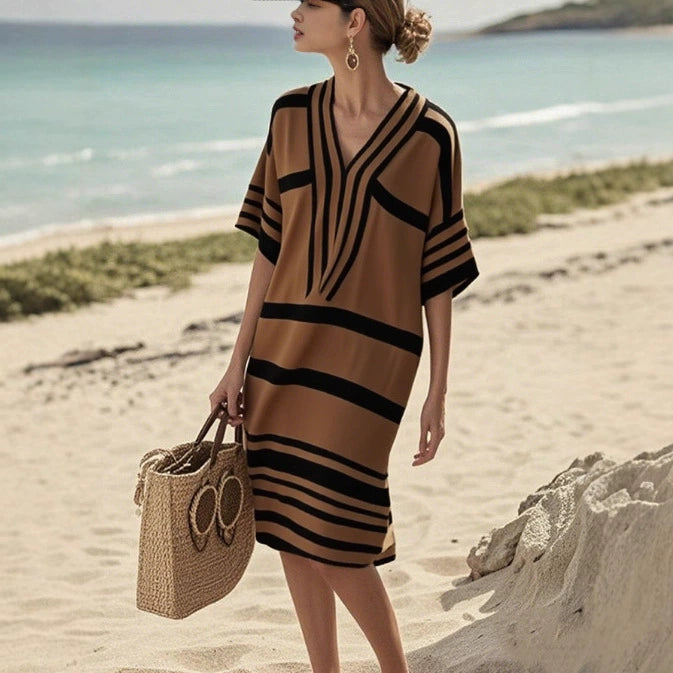 European and American Digital Print Stripe V-neck Dress
