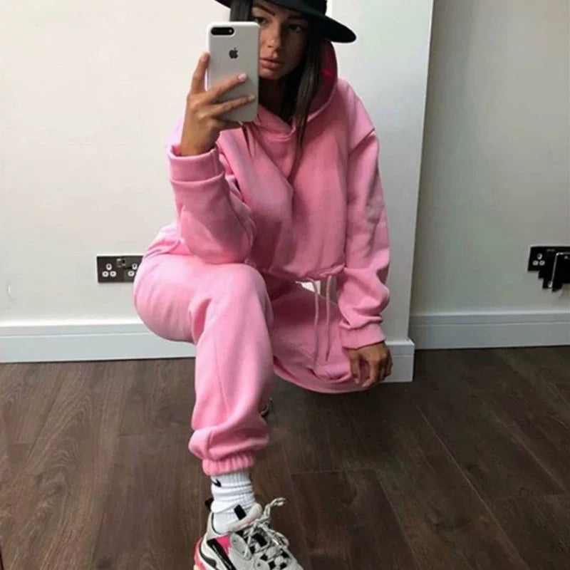 Polyester-Cotton Two-Piece Set Cropped Hooded Top and Joggers — Rose Pink | KIMLUD
