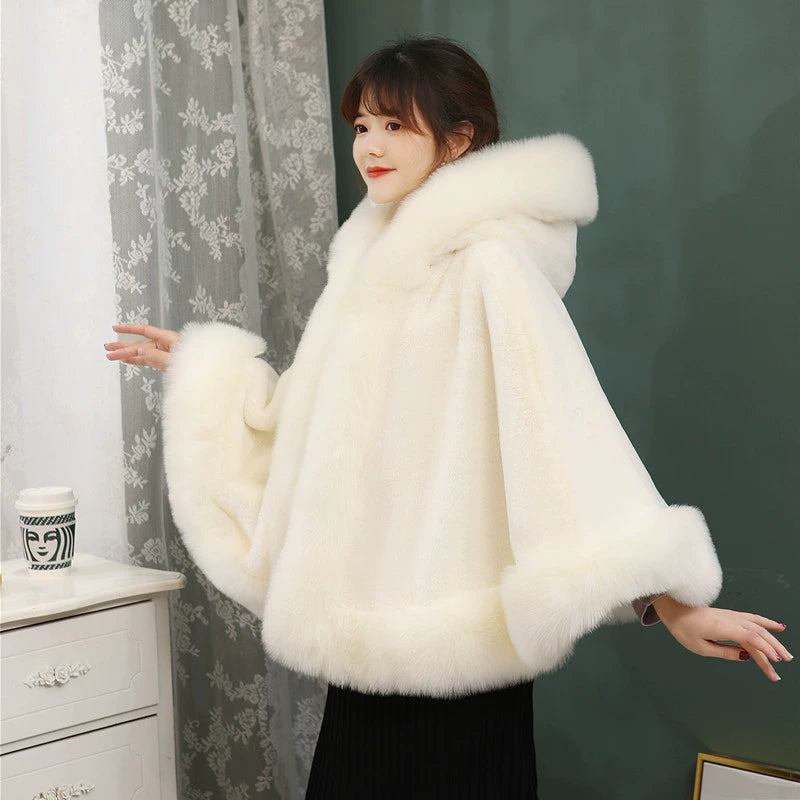 No. 19-Fall and Winter Bride Imitation Fox Fur Shawl Wedding Cloak Dress and Cheongsam Fur Cape Coat White Thick Women